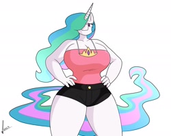 Size: 2203x1756 | Tagged: safe, artist:samirachuni, derpibooru import, princess celestia, anthro, g4, big breasts, breasts, cleavage, clothes, crown, female, hair over one eye, hand on hip, horn, jewelry, looking at you, regalia, short shirt, shorts, simple background, smiling, solo, thighs, white background