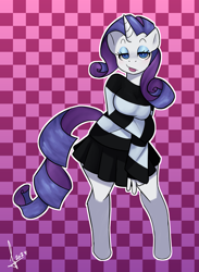 Size: 1919x2620 | Tagged: safe, artist:samirachuni, derpibooru import, rarity, anthro, unguligrade anthro, unicorn, g4, :p, blouse, checkered background, clothes, eyebrows, female, gradient background, high res, horn, lidded eyes, raised eyebrow, skirt, solo, tongue, tongue out