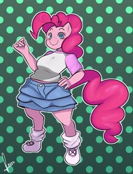 Size: 2343x3055 | Tagged: safe, artist:samirachuni, derpibooru import, pinkie pie, anthro, earth pony, g4, abstract background, clothes, denim, denim skirt, female, gradient background, high res, looking at you, outline, patterned background, shoes, skirt, smiling, solo