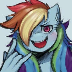 Size: 2000x2000 | Tagged: safe, artist:samirachuni, derpibooru import, part of a set, rainbow dash, anthro, g4, bust, female, hair over one eye, high res, looking at you, open mouth, open smile, peace sign, portrait, simple background, smiling, solo