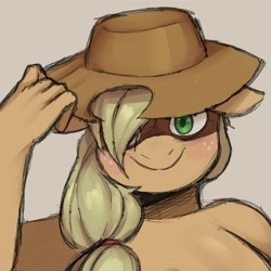 Size: 2000x2000 | Tagged: safe, artist:samirachuni, derpibooru import, part of a set, applejack, anthro, g4, applejack's hat, bust, clothes, cowboy hat, female, hair over one eye, hat, hat tip, high res, looking at you, portrait, simple background, smiling, solo