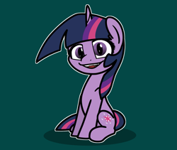 Size: 2047x1726 | Tagged: safe, artist:ewoudcponies, derpibooru import, twilight sparkle, unicorn twilight, pony, unicorn, g4, female, green background, looking at you, mare, open mouth, open smile, outline, sharp teeth, simple background, smiling, smiling at you, solo, teeth, white outline