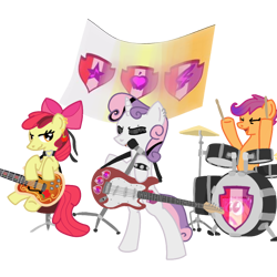 Size: 768x768 | Tagged: safe, artist:neowemu, derpibooru import, apple bloom, scootaloo, sweetie belle, earth pony, pegasus, pony, unicorn, g4, bass guitar, cutie mark crusaders, cymbals, drum kit, drums, drumsticks, ear piercing, earring, electric guitar, emo, eyebrow piercing, female, filly, flag, foal, guitar, horn, jewelry, microphone, musical instrument, piercing, simple background, sitting, standing, stool, transparent background, trio, trio female