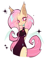 Size: 932x1186 | Tagged: safe, artist:aly_kame, derpibooru import, fluttershy, anthro, bat pony, g4, arm behind back, bat ponified, big breasts, breasts, choker, clothes, dress, female, flutterbat, hootershy, looking at you, race swap, side slit, slit eyes, smiling, smiling at you, total sideslit