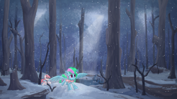 Size: 3840x2160 | Tagged: safe, artist:callichrome, derpibooru import, oc, oc only, pegasus, pony, unicorn, clothes, cute, duo, female, forest, hoofprints, horn, mare, nature, ocbetes, open mouth, outdoors, running, scarf, scenery, scenery porn, signature, smiling, snow, snowfall, spread wings, sunlight, tree, wallpaper, wings