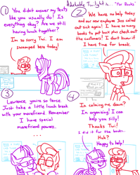 Size: 4779x6013 | Tagged: safe, artist:adorkabletwilightandfriends, derpibooru import, twilight sparkle, twilight sparkle (alicorn), oc, oc:lawrence, alicorn, comic:adorkable twilight and friends, g4, adorkable, adorkable twilight, blushing, butt, comforting, comic, computer, concerned, cute, desk, dork, library, love, massage, plot, poster, relationship, slice of life, sticker, stressed