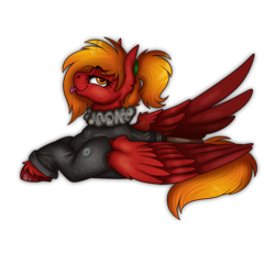 Size: 2000x2000 | Tagged: safe, artist:molars, derpibooru import, oc, oc only, oc:risk runner, pegasus, equestria at war mod, :p, badge, bedroom eyes, bomber jacket, cheek fluff, clothes, colored wings, digital art, ear fluff, ears, fluffy, folded wings, gradient wings, jacket, looking at you, orange mane, patch, ponytail, red fur, simple background, solo, spread wings, tongue, tongue out, transparent background, unshorn fetlocks, wings