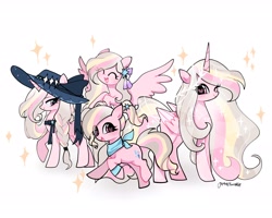 Size: 2048x1638 | Tagged: safe, artist:petaltwinkle, derpibooru import, oc, oc:petal twinkle, alicorn, earth pony, pegasus, pony, unicorn, female, hat, horn, mare, multeity, race swap, self paradox, self ponidox, simple background, white background