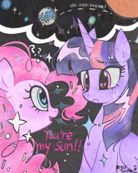 Size: 1638x2048 | Tagged: safe, artist:petaltwinkle, derpibooru import, pinkie pie, twilight sparkle, twilight sparkle (alicorn), alicorn, earth pony, pony, g4, adversarial noise, crying, female, lesbian, shipping, sun, twinkie