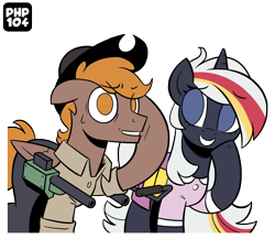 Size: 1500x1300 | Tagged: safe, artist:php104, derpibooru import, oc, oc only, oc:calamity, oc:velvet remedy, pegasus, pony, unicorn, fallout equestria, g4, battle saddle, clothes, dress, female, hat, horn, simple background, transparent background