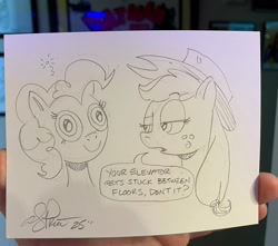 Size: 2048x1810 | Tagged: safe, artist:andypriceart, derpibooru import, applejack, pinkie pie, earth pony, pony, g4, blank stare, female, photo, speech bubble, traditional art