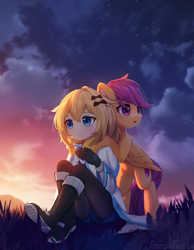 Size: 1900x2452 | Tagged: safe, artist:emeraldgalaxy, derpibooru import, scootaloo, oc, oc:fears, human, pegasus, pony, g4, clothes, cloud, commission, crossover, duo, duo female, female, folded wings, human female, open mouth, outdoors, sitting, sky, smiling, starry night, stars, wings