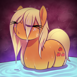 Size: 1000x1000 | Tagged: safe, artist:thebatfang, derpibooru import, applejack, earth pony, pony, g4, :o, bathing, eye clipping through hair, eyelashes, eyes closed, freckles, missing accessory, open mouth, partially submerged, rain, relaxing, solo, standing in water, stupid sexy applejack, water, wet, wet mane, wet mane applejack