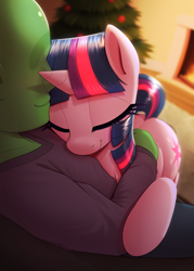 Size: 2860x4000 | Tagged: safe, artist:thebatfang, derpibooru import, ponerpics import, twilight sparkle, unicorn twilight, oc, oc:anon, human, pony, unicorn, g4, christmas, christmas tree, clothes, cute, depth of field, duo, duo male and female, eyes closed, female, fireplace, high res, holiday, horn, hug, human on pony snuggling, indoors, male, mare, over shoulder, rug, sitting, smiling, snuggling, sweater, sweet dreams fuel, tree, twiabetes