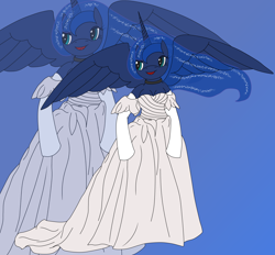 Size: 2750x2549 | Tagged: safe, artist:timejumper, derpibooru import, princess luna, alicorn, anthro, series:new year renewed vows, g4, choker, clothes, dress, evening gloves, gloves, gown, long gloves, simple background, solo, wedding dress, zoom layer