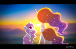 Size: 5633x3622 | Tagged: safe, artist:jaanhavi, derpibooru import, princess celestia, oc, oc:queen galaxia, alicorn, pony, g4, cewestia, female, filly, foal, mother and child, mother and daughter, parent and child, sunrise, younger