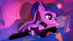 Size: 5120x2880 | Tagged: safe, artist:silkworm205, derpibooru import, twilight sparkle, twilight sparkle (alicorn), alicorn, pony, series:silkworm205's weekly artwork 2024, g4, 3d, alternate hairstyle, bed, book, clothes, colored eyebrows, colored wings, colored wingtips, cookie, cookie jar, corset, eating, eyebrows, female, fluffy mane, folded wings, food, glasses, glowing, glowing horn, high res, horn, latex, latex corset, latex leotard, latex socks, lipstick, lying down, magic, nose piercing, on bed, piercing, pocky, ponytail, reading, revamped ponies, socks, source filmmaker, source filmmaker resource, tail, tail wrap, telekinesis, wings