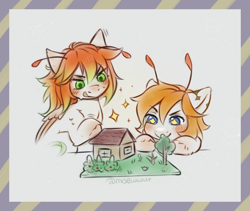 Size: 1900x1600 | Tagged: safe, artist:moewwur, artist:rin-mandarin, derpibooru import, oc, oc only, oc:chise, oc:svatya, pegasus, pony, antennae, blue eyes, green eyes, house, pegasus oc, postcard, redhead, scar, sparkles, starry eyes, tendrils, two toned mane, wingding eyes