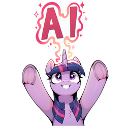 Size: 2128x2127 | Tagged: safe, ai content, derpibooru import, editor:marestare, generator:stable diffusion, twilight sparkle, pony, unicorn, g4, ai composition, border, female, frog (hoof), generator:zoinksnoob, half body, happy, hoofbutt, horn, looking up, magic, magic aura, mare, raised hoof, raised hooves, raised leg, shading, simple background, smiling, solo, starry eyes, stars, teeth, text, transparent background, underhoof, wingding eyes