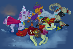 Size: 1275x859 | Tagged: safe, artist:spectralunicorn, derpibooru import, apple bloom, scootaloo, sweetie belle, oc, oc:nyx, alicorn, earth pony, pegasus, pony, unicorn, g4, alicorn oc, cutie mark crusaders, group, horn, quartet, wings