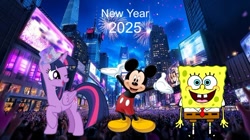 Size: 626x351 | Tagged: safe, artist:andoanimalia, derpibooru import, edit, editor:questphillips, twilight sparkle, twilight sparkle (alicorn), alicorn, mouse, g4, 2025, crossover, disney, female, fireworks, happy new year, happy new year 2025, hat, holiday, male, mickey mouse, new year, new years eve, new york city, nickelodeon, night, one eye closed, sponge, spongebob squarepants, spongebob squarepants (character), wink