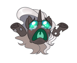 Size: 700x577 | Tagged: artist needed, safe, derpibooru import, oc, oc only, oc:kitu elder, changeling, changeling queen, bust, changeling oc, crying, ears, emote, emotes, female, gray coat, horn, meme, portrait, simple background, solo, teal eyes, transparent background, white mane