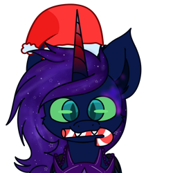 Size: 2000x2000 | Tagged: safe, artist:nhale, derpibooru import, oc, oc only, oc:prince jules, alicorn, pony, candy, candy cane, christmas, commission, dark blue coat, ethereal mane, fangs, food, galaxy mane, green eyes, holiday, princess, sharp teeth, simple background, solo, teeth, transparent background