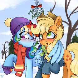 Size: 1280x1280 | Tagged: safe, artist:galaxy swirl, derpibooru import, applejack, rainbow dash, earth pony, pegasus, pony, g4, appledash, applejack's hat, blushing, clothes, cowboy hat, duo, duo female, eye clipping through hair, female, freckles, hat, hug, imminent kissing, lesbian, looking down, looking up, mare, mistletoe, music notes, open mouth, outdoors, raised hoof, raised leg, scarf, shipping, snow, tree, winghug, wings, winter