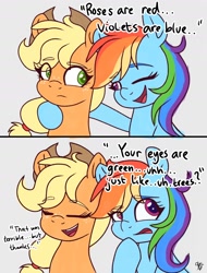 Size: 1536x2016 | Tagged: safe, artist:galaxy swirl, derpibooru import, applejack, rainbow dash, earth pony, pegasus, pony, g4, 2 panel comic, appledash, applejack's hat, clothes, comic, cowboy hat, dialogue, duo, duo female, eyes closed, eyes open, female, freckles, hat, lesbian, looking at each other, looking at someone, mare, one eye closed, open mouth, open smile, shipping, smiling, talking, wink