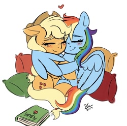 Size: 1332x1321 | Tagged: safe, artist:galaxy swirl, derpibooru import, applejack, rainbow dash, earth pony, pegasus, pony, g4, appledash, applejack's hat, blushing, book, cheek squish, clothes, cowboy hat, duo, duo female, eyes closed, female, freckles, hat, heart, hug, lesbian, mare, nose wrinkle, pillow, shipping, sitting, smiling, squishy cheeks, winghug, wings