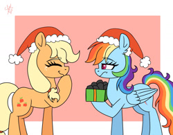 Size: 1600x1246 | Tagged: safe, artist:galaxy swirl, derpibooru import, applejack, rainbow dash, earth pony, pegasus, pony, g4, appledash, christmas, coal, duo, duo female, female, folded wings, freckles, hat, holiday, hoof over mouth, laughing, lesbian, mare, present, profile, raised hoof, raised leg, santa hat, shipping, side view, wings