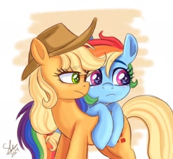 Size: 2000x1836 | Tagged: safe, artist:galaxy swirl, derpibooru import, applejack, rainbow dash, earth pony, pegasus, pony, g4, appledash, applejack's hat, clothes, cowboy hat, duo, duo female, female, freckles, hat, lesbian, mare, scene interpretation, shipping