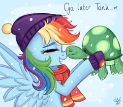 Size: 1916x1672 | Tagged: safe, artist:galaxy swirl, derpibooru import, rainbow dash, tank, pegasus, pony, turtle, g4, tanks for the memories, blushing, boop, clothes, duo, eyes closed, female, hat, mare, my little pony: friendship is magic, nose wrinkle, noseboop, profile, scarf, side view, smiling, snow, snowfall, spread wings, wings, winter