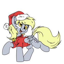 Size: 6000x6000 | Tagged: safe, artist:derpydoodesigns, artist:derpydooreviews, derpibooru import, derpy hooves, pegasus, pony, g4, absurd resolution, bell, bipedal, cat bell, christmas, clothes, female, hat, head turn, holiday, hoodie, mare, open mouth, open smile, santa hat, simple background, smiling, solo, transparent background