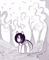 Size: 3359x4096 | Tagged: safe, artist:shouldbedrawing, derpibooru import, oc, oc only, oc:strangefilly, earth pony, original species, pony, female, looking up, mare, monochrome, outdoors, solo, tree