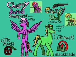 Size: 2000x1500 | Tagged: safe, artist:blackblade360, derpibooru import, oc, oc only, oc:cherry barrel, oc:grassy shot, earth pony, pegasus, pony, fallout equestria, 2024, 2025, ashes town, bio, blue background, cyan background, digital art, duo, earth pony oc, female, green coat, gun, ibispaint x, male, mare, mare oc, pegasus oc, pink coat, pixel art, pony oc, pose, rearing, reference, reference sheet, shotgun, signature, simple background, smiling, stallion, stallion oc, tail, title card, two toned mane, two toned tail, walking, weapon