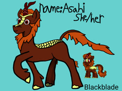 Size: 2000x1500 | Tagged: safe, artist:blackblade360, derpibooru import, oc, oc only, oc:asahi, kirin, 2024, 2025, ashes town, bio, blue background, brown coat, brown mane, brown tail, cloven hooves, digital art, female, green hooves, green scales, ibispaint x, kirin oc, mare, pixel art, pose, raised leg, red eyes, reference sheet, signature, simple background, solo, tail, title card, unshorn fetlocks