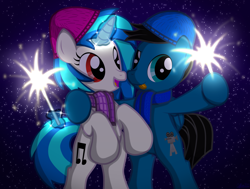 Size: 5618x4252 | Tagged: safe, alternate version, artist:agkandphotomaker2000, derpibooru import, dj pon-3, vinyl scratch, oc, oc:pony video maker, pegasus, pony, unicorn, g4, bipedal, canon x oc, clothes, female, folded wings, happy new year, hat, holiday, horn, levitation, magic, magic aura, male, night, red eyes, scarf, ship:videoscratch, shipping, show accurate, sparkler (firework), straight, telekinesis, tongue, tongue out, wings, winter hat