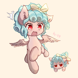 Size: 1840x1840 | Tagged: safe, artist:sherijinli, derpibooru import, cozy glow, pegasus, pony, g4, beige background, bow, emanata, female, filly, foal, freckles, full body, fumo, hair ribbon, open mouth, plushie, ribbon, shocked, signature, simple background, solo, spread wings, sweat, sweatdrop, tail, tail bow, text, wings