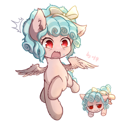 Size: 1840x1840 | Tagged: safe, alternate version, artist:sherijinli, derpibooru import, cozy glow, pegasus, pony, g4, bow, emanata, female, filly, foal, freckles, full body, fumo, hair ribbon, open mouth, plushie, ribbon, shocked, signature, simple background, solo, spread wings, sweat, sweatdrop, tail, tail bow, text, white background, wings