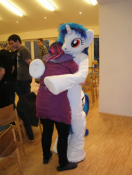 Size: 2736x3648 | Tagged: safe, artist:atalonthedeer, derpibooru import, dj pon-3, vinyl scratch, human, g4, 2013, duo focus, fursuit, indoors, irl, irl human, photo, ponysuit, wwu