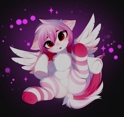 Size: 4280x4032 | Tagged: safe, artist:empress-twilight, derpibooru import, oc, oc only, oc:cherry popsicle, pegasus, pony, absurd resolution, belly, belly button, butt, cheek fluff, chest fluff, clothes, commission, dock, ear fluff, ears, eyelashes, facing you, feathered wings, featureless crotch, female, female oc, floppy ears, gradient background, hoof fluff, leg markings, leg stripes, light pink coat, looking at you, lying down, mare, mare oc, on back, pegasus oc, pink mane, pink tail, plot, raised leg, red eyes, shiny mane, shiny tail, short mane, smiling, smiling at you, socks, solo, sparkles, spread wings, striped socks, stripes, tail, thin, tongue, tongue out, two toned mane, two toned tail, underhoof, white coat, wings, ych result