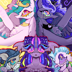 Size: 2000x2000 | Tagged: safe, artist:larvaecandy, derpibooru import, princess celestia, princess luna, silverstream, star swirl the bearded, twilight sparkle, alicorn, hippogriff, pony, unicorn, g4, album cover, alternate eye color, beard, blue eyelashes, blue eyes, blue hair, blue sclera, blush lines, blushing, chest fluff, colored eyelashes, colored sclera, crown, ear fluff, ears, ethereal mane, facial hair, facial markings, facing you, female, floppy ears, folded wings, gray coat, group, hat, high res, horn, jewelry, leg fluff, long mane, looking at you, mare, multicolored mane, multicolored sclera, necklace, open mouth, outline, peytral, pink eyes, pink feathers, pink sclera, profile, psychedelic, purple coat, purple eyes, purple sclera, quintet, raised hooves, regalia, royal sisters, shiny mane, siblings, sisters, smiling, sparkles, sparkly eyes, sparkly mane, starry mane, symmetrical, teal eyes, teal sclera, thick eyelashes, three toned mane, two toned hair, unicorn horn, vylet pony, white coat, wingding eyes, wings, wizard hat