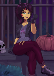 Size: 2480x3508 | Tagged: safe, artist:reminic, derpibooru import, sunset shimmer, choose your own ending, costume conundrum, costume conundrum: sunset shimmer, equestria girls, g4, clothes, costume, crossed legs, eyeshadow, fangs, female, lidded eyes, looking at you, makeup, open mouth, pumpkin, skull, solo, vampire costume, vampire shimmer