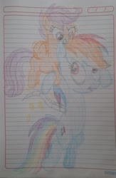 Size: 1021x1566 | Tagged: safe, artist:eiour, derpibooru import, rainbow dash, scootaloo, pegasus, fanfic:i have no wings and i must fly, g4, alternate ending, amputee, drawing, fanfic, fanfic art, feather, flying, paper, scootaloo can fly, spread wings, wingless, wings