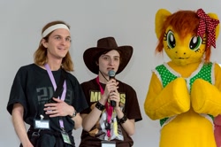 Size: 1024x681 | Tagged: safe, artist:atalonthedeer, artist:perrydotto, derpibooru import, oc, oc only, oc:canni soda, human, 2013, fursuit, galacon, indoors, irl, irl human, microphone, photo, ponysuit, trio