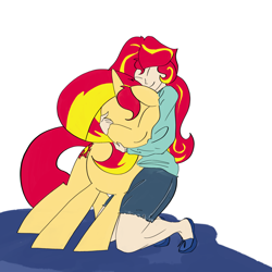 Size: 3353x3353 | Tagged: safe, artist:ponny, derpibooru import, sunset shimmer, human, pony, unicorn, equestria girls, g4, clothes, colored, eyes closed, horn, hug, hugging a pony, human and pony, human ponidox, pony sized pony, self paradox, self ponidox, shorts, sweater