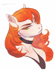 Size: 2285x2929 | Tagged: safe, artist:unknowhiter, derpibooru import, oc, oc only, oc:shimmering song, anthro, earth pony, breasts, bust, choker, cleavage, clothes, collarbone, colored eyelashes, female, golden eyes, lidded eyes, mare, not dyx, red eyelashes, simple background, solo, white background