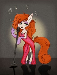 Size: 1538x1999 | Tagged: safe, artist:somestupidfrog, derpibooru import, oc, oc only, oc:shimmering song, earth pony, pony, bipedal, clothes, dress, female, microphone, music notes, singing, solo