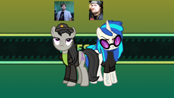 Size: 1200x675 | Tagged: safe, artist:epicheavytf2, artist:pyrogaming, derpibooru import, edit, dj pon-3, octavia melody, vinyl scratch, earth pony, human, pony, unicorn, g4, ? block, alternate hairstyle, beard, clothes, duo, facial hair, female, green shirt, hairy, hairy legs, hat, horn, irl, irl human, jacket, joel, looking at you, mare, moustache, photo, ponified, reference, shirt, smiling, species swap, super mario, text, vargskelethor, vector, vector edit, vinesauce, vinesauce vinny, vinny, vinyl's glasses